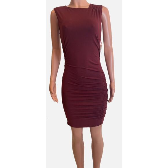 Open Edit Dress Womens XS Mini Burgundy Ruched Sheath Bodycon Stretch Sleeveless - Picture 1 of 14
